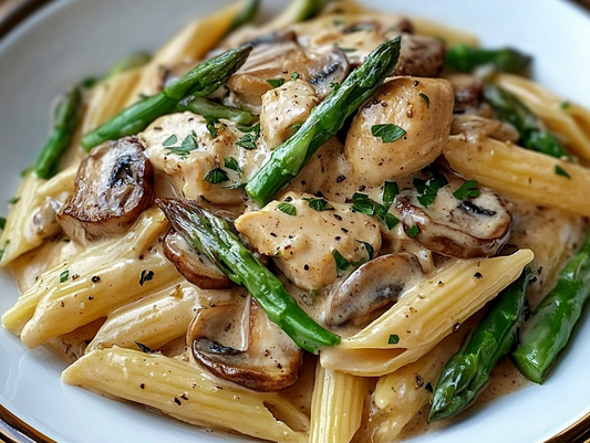CREAMY MUSHROOM & ASPARAGUS CHICKEN PENNE